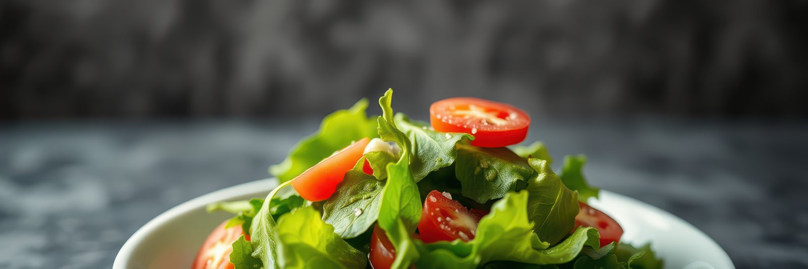 Fresh salad made with crisp greens and vibrant tomatoes served in a white bowl